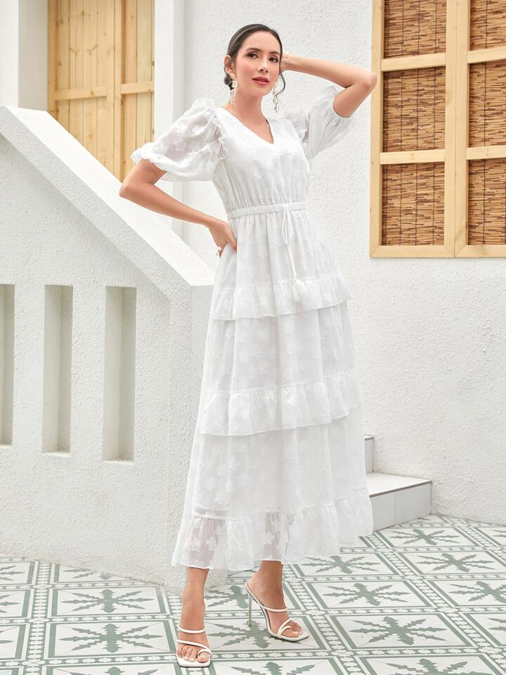 SHEIN Modely Puff Sleeve Ruffle Hem Dress | SHEIN