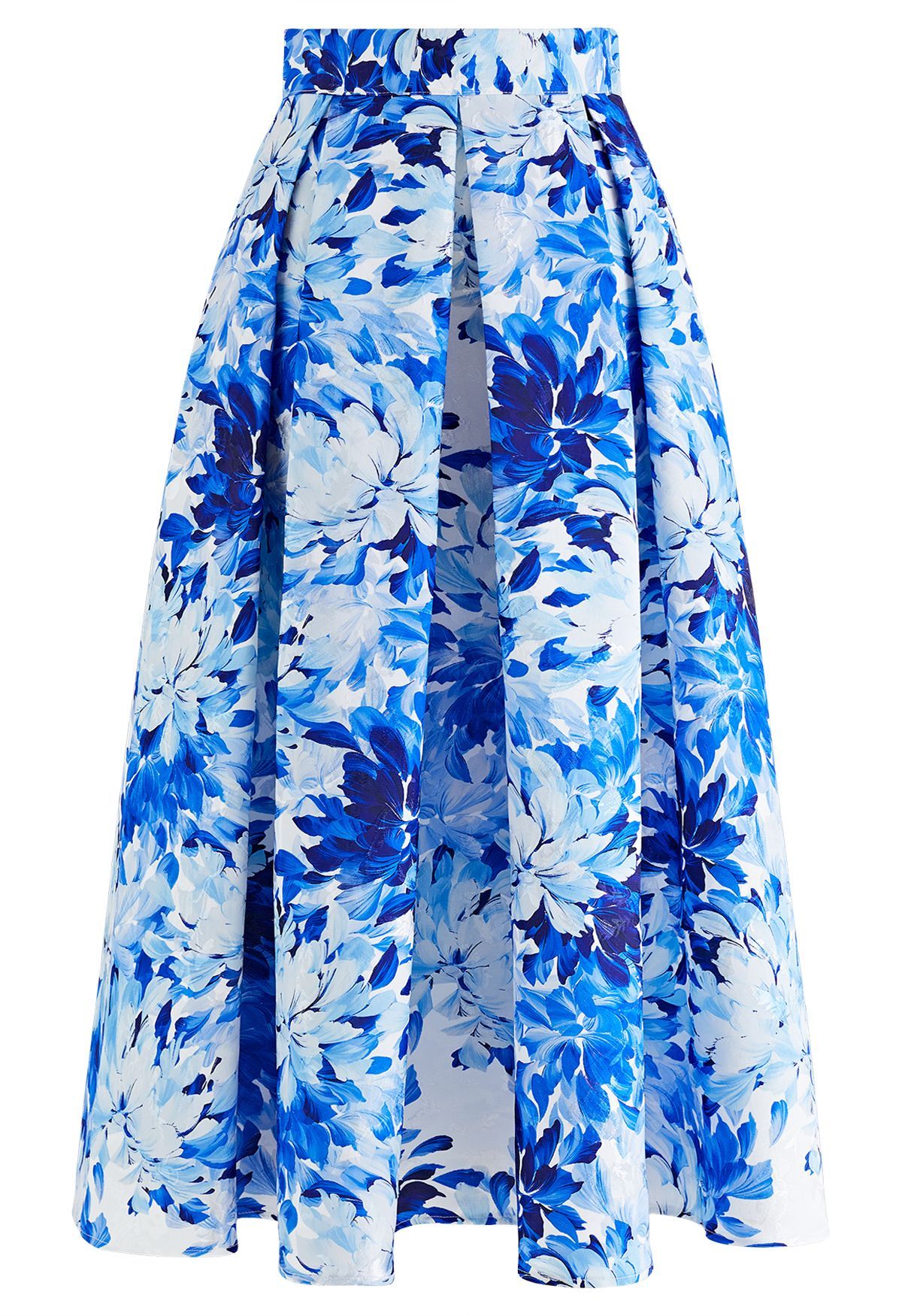 Royal Blue Floral Printed Jacquard Pleated Midi Skirt | Chicwish