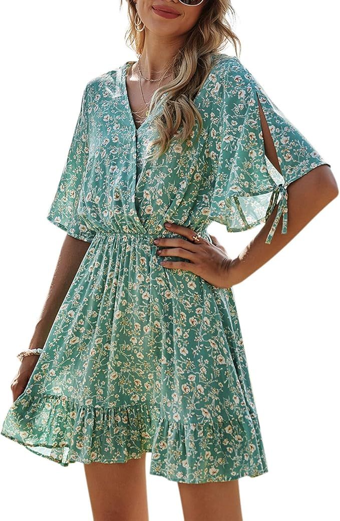 Womens Summer Dresses Short Sleeve V-Neck Floral Ruffle Wrap High Waist Casual Swing Short Mini D... | Amazon (US)