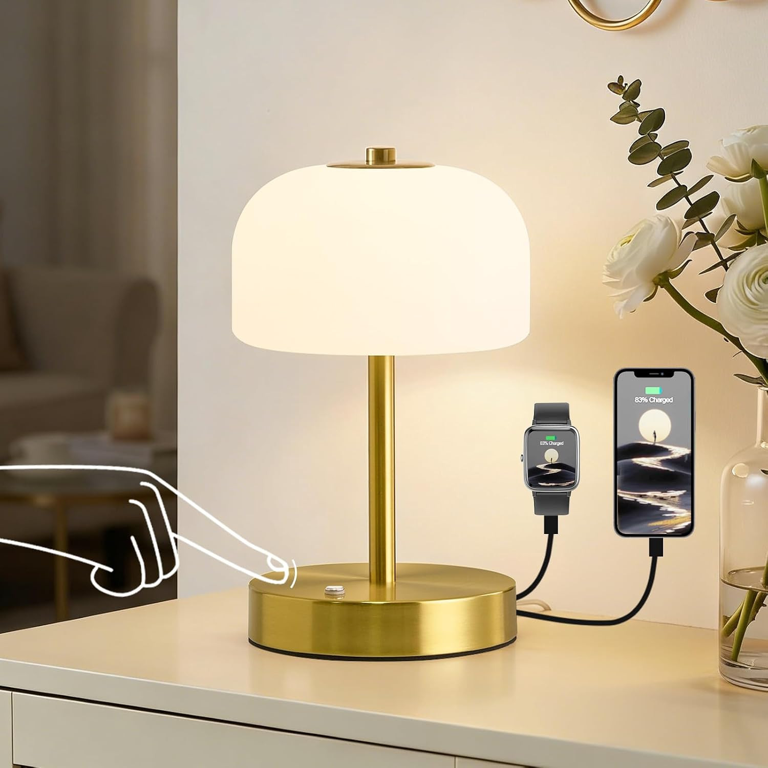 9" Corded Touch Control Gold Table Lamp with USB A+C Charging Ports, Dimmable LED Bedside Lamp wi... | Amazon (US)