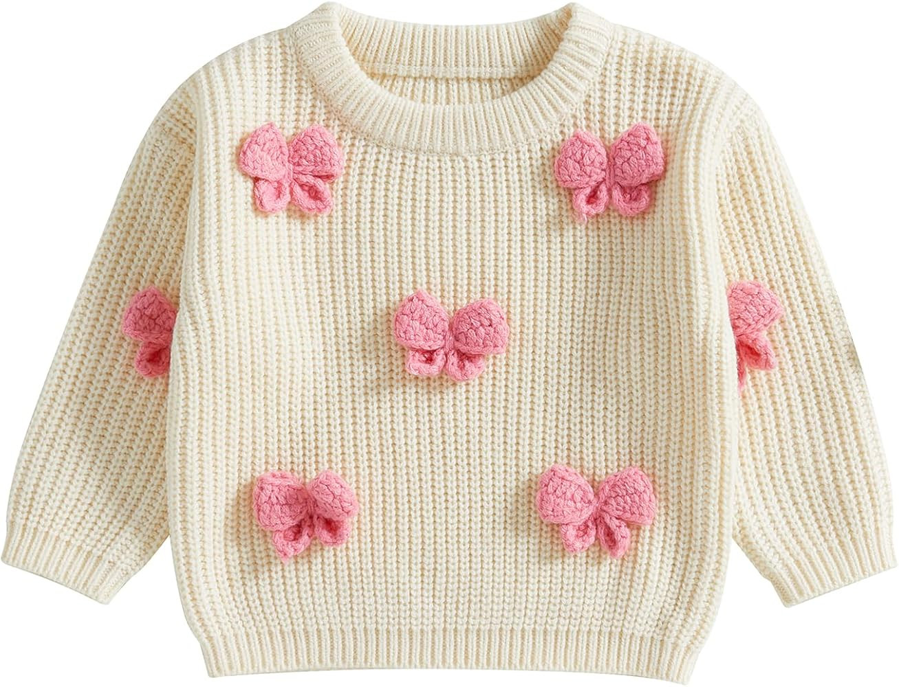 Toddler Baby Girl Chunky Knit Sweater Long Sleeve Crewneck Bow Flower Knitted Pullover Tops Knitw... | Amazon (US)