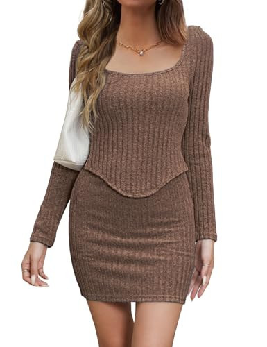Women’s 2 Pieces Sexy Outfits Skirt Set Long Sleeve Knit Slit Crop Top Bodycon Mini Skirt Party Club Matching Sets Coffee | Amazon (US)