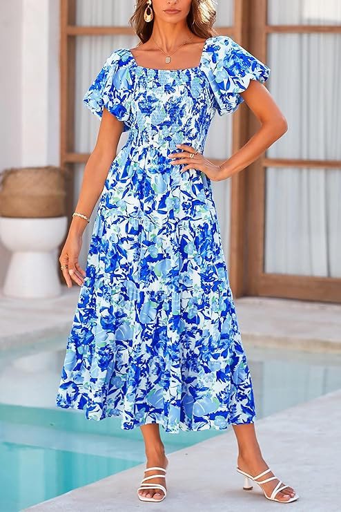 PRETTYGARDEN Women's Casual Summer Midi Dress Puffy Short Sleeve Square Neck Smocked Tiered Ruffl... | Amazon (US)