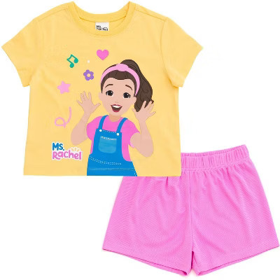 Ms. Rachel Little Girls T-Shirt and Mesh Shorts Outfit Set Pink / Yellow 5 | Target