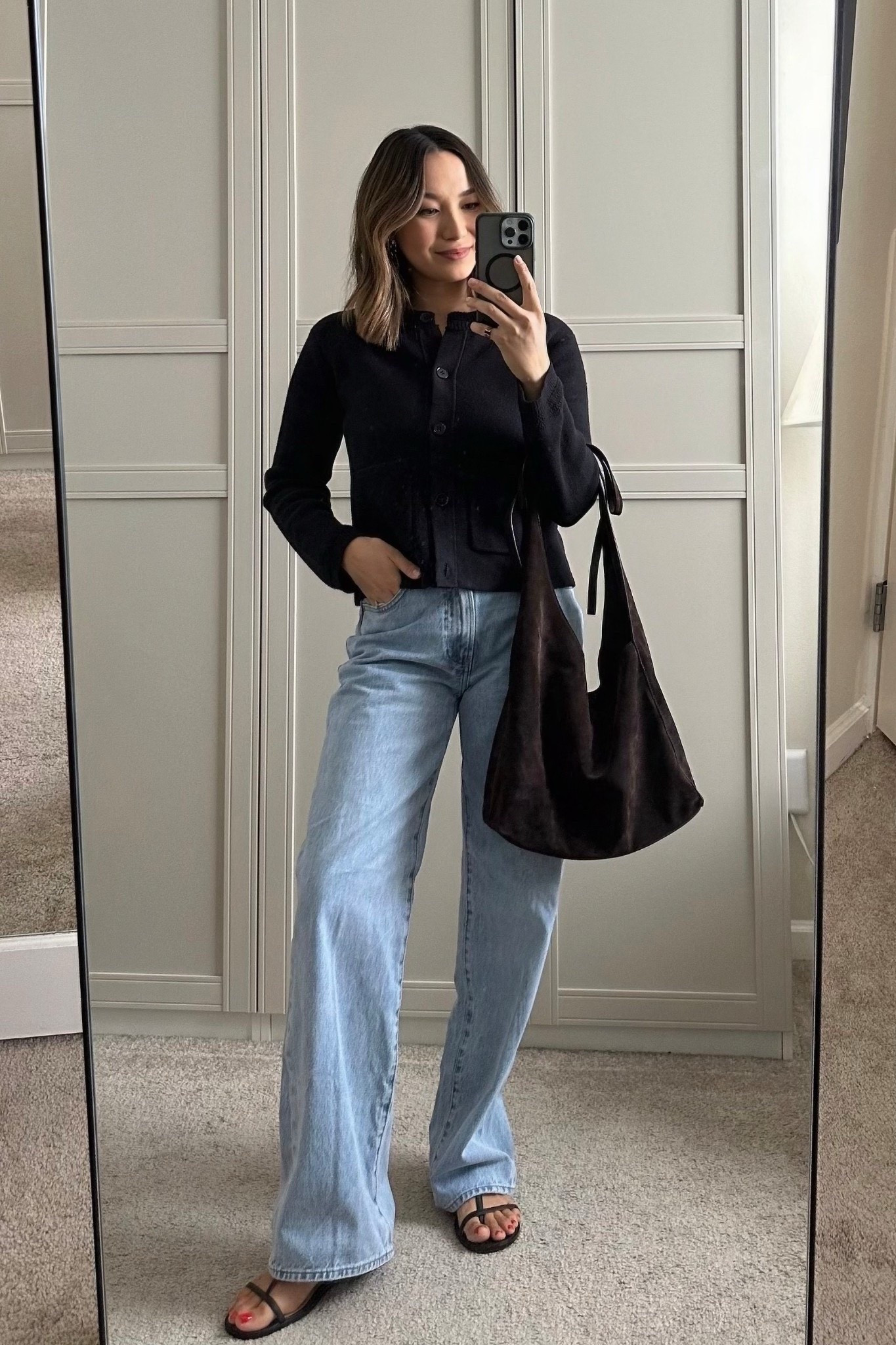 Spring outfit 

Everlane cardigan small 
Aritzia Farrah wide leg jeans — available in several washes + lengths
Madewell sandals - old, linked similar 

#LTKSeasonal #LTKootd