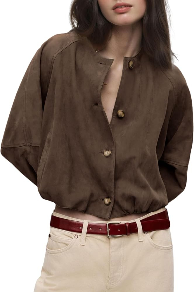 Daacee Women Faux Suede Cropped Jacket Vintage Button Front Round Neck Short Jackets Streetwear O... | Amazon (US)