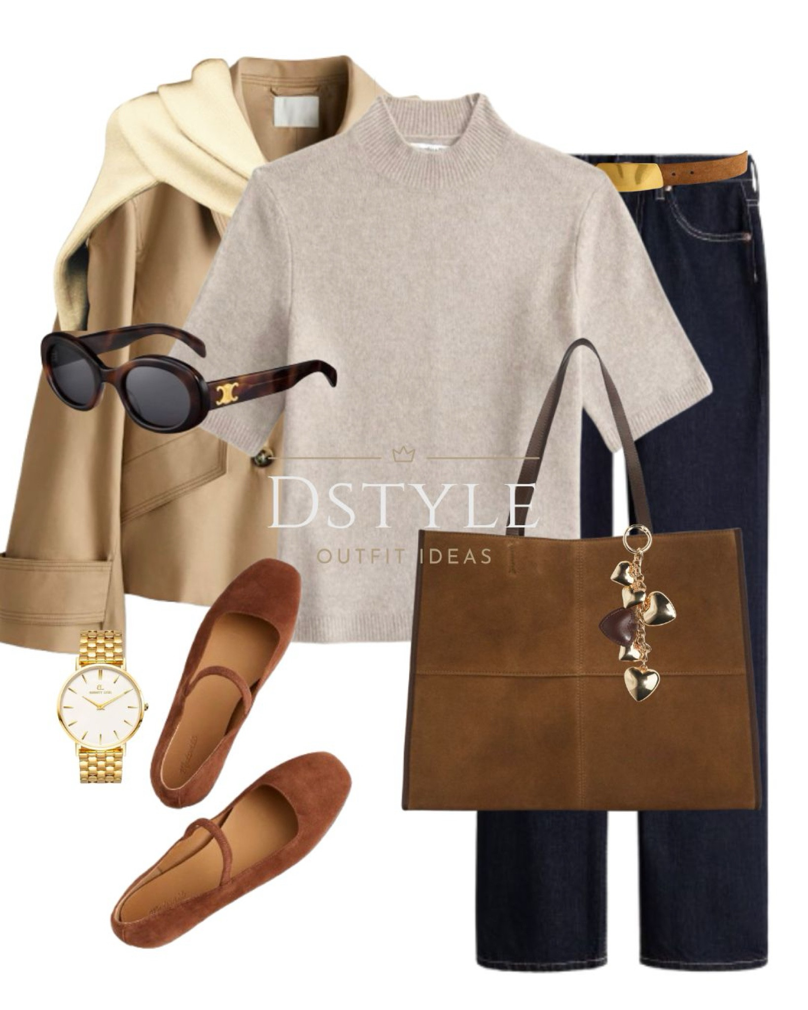 Beige short trench coat, yellow over-the-shoulder sweater, taupe sweater tee, navy blue straight jeans, tobacco brown leather shopper bag, Greta ballet flats (soft mahogany), suede belt, and CELINE sunglasses. A perfect casual chic look. 

 

#LTKStyleTip #LTKWorkwear #LTKShoeCrush