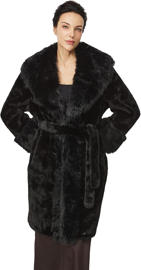 Luxurious Faux Fur Coat with Belt and Pockets Elegant Winter Knee Length Fur Jacket for Women Sol... | Amazon (US)