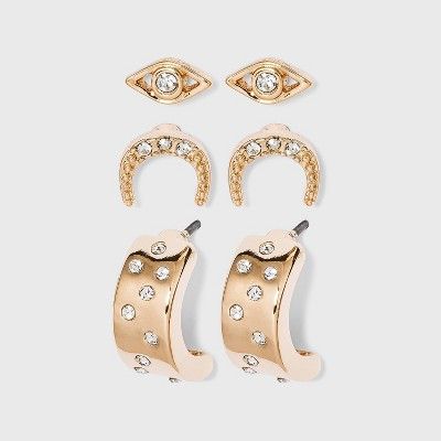 Evil Eye Stud and Cubic Zirconia Studded Hoop Earring Set 3pc - A New Day™ Gold | Target