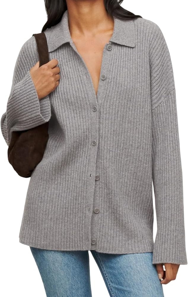 RONGCAT Women's V Neck Button Down Collared Sweater Cardigan Long Sleeve Open Front Knitted Sweat... | Amazon (US)