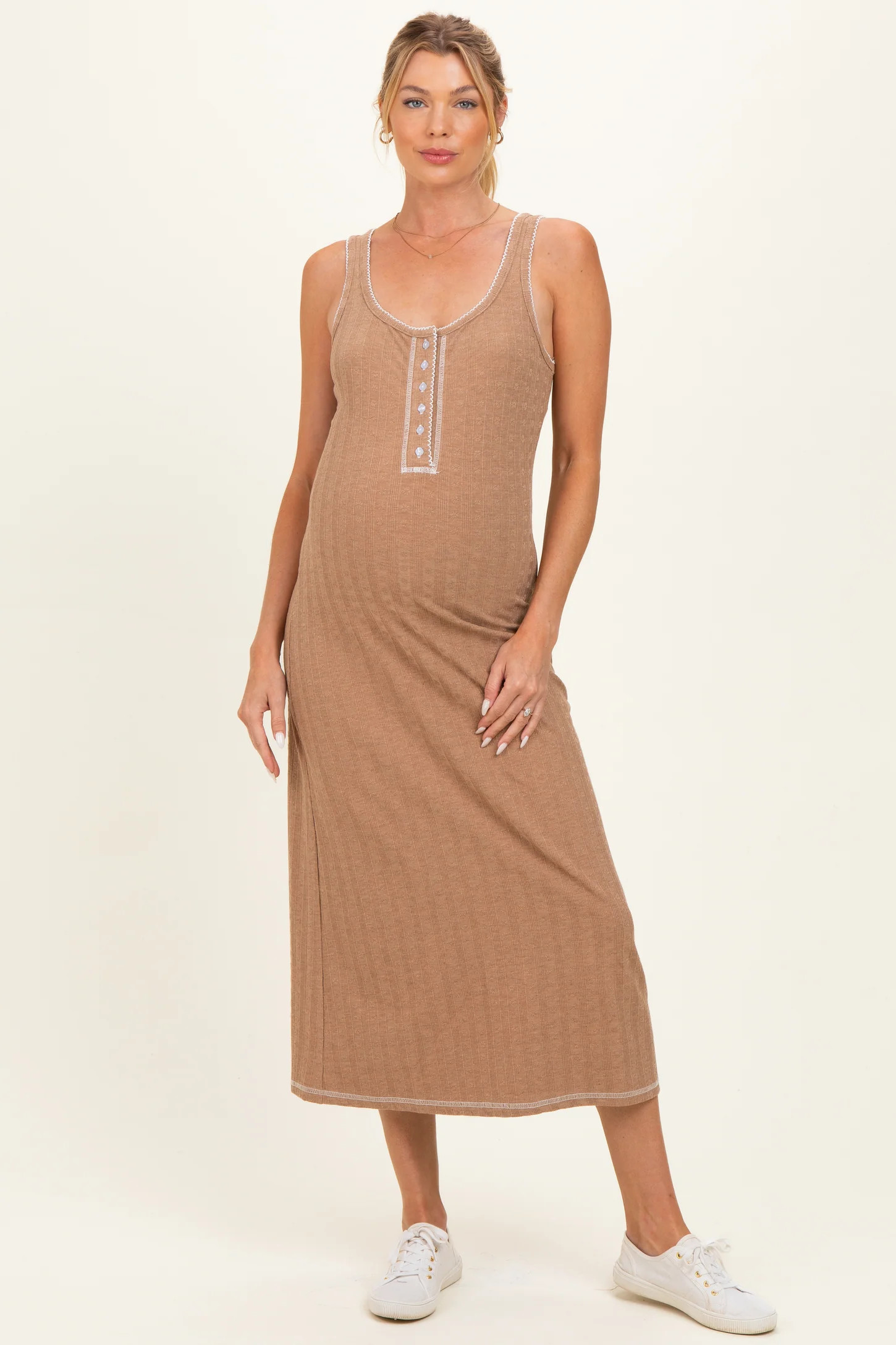 Tan Cable Knit Sleeveless Maternity Midi Dress | PinkBlush Maternity