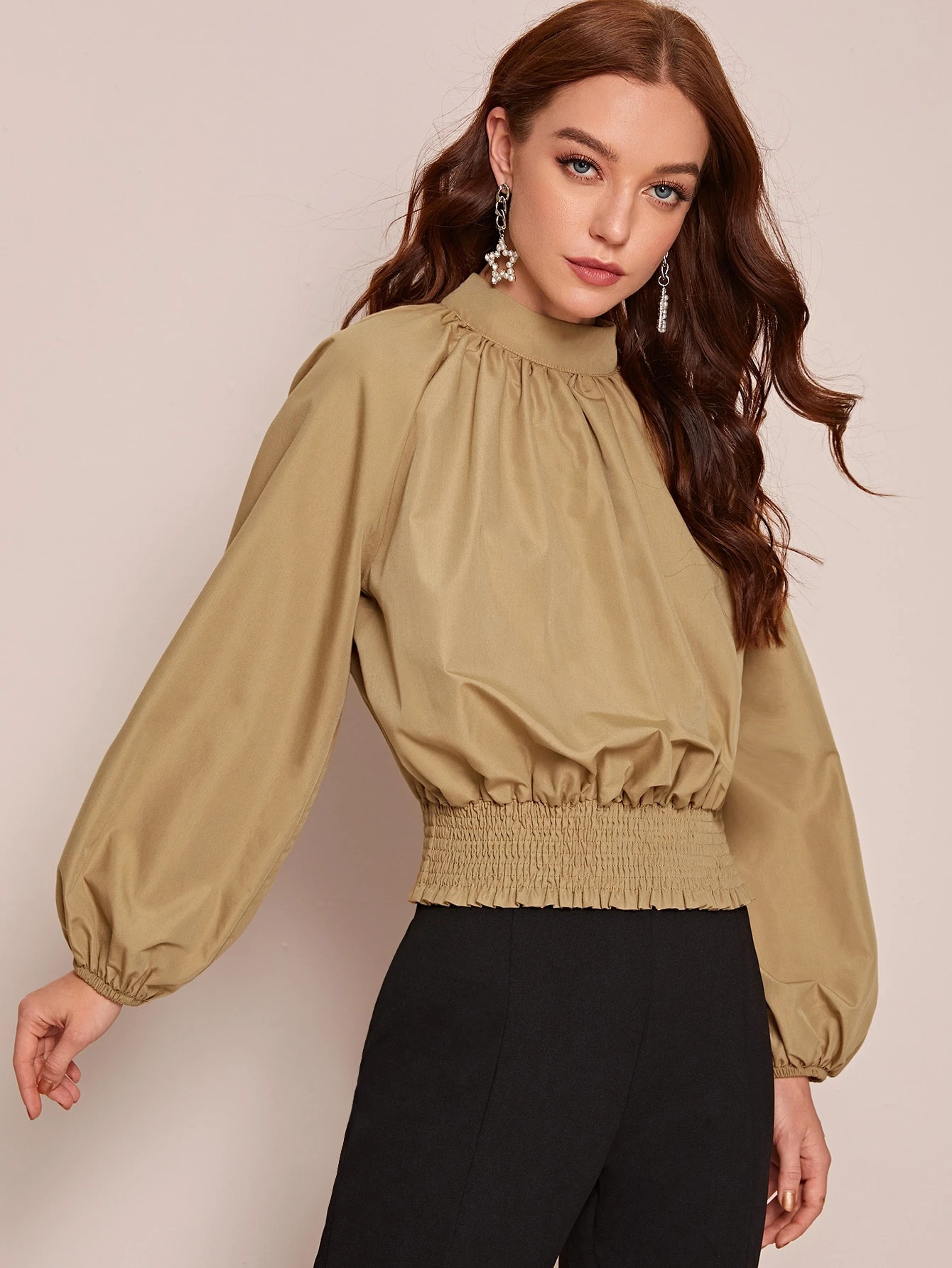 SHEIN Lantern Sleeve Crinkle Detail Shirred Hem Blouse | SHEIN
