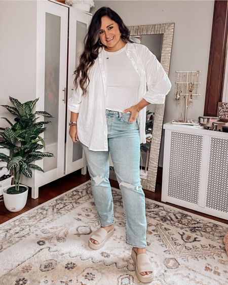 Effortlessly casual in this coastal grandma outfit styled with my favorite white button up, high rise jeans, halter tank, and comfy sandals! 

#LTKFind #LTKshoecrush #LTKcurves