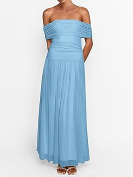 MASCOMODA Women Off The Shoulder Mesh Maxi Dress Bodycon Ruched Formal Sleeveless Pleated Cocktai... | Amazon (US)