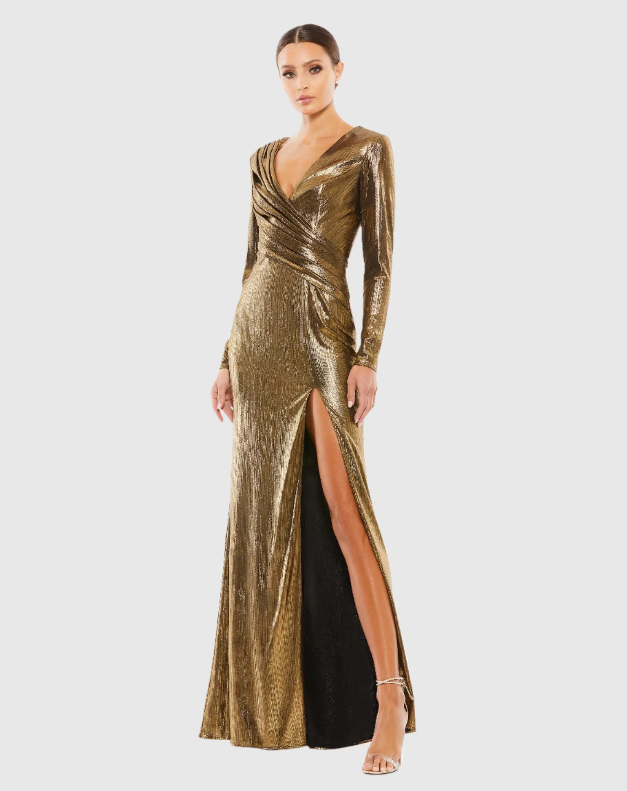 Gold Metallic Long Sleeve Asymmetrical Ruched Gown - Mac Duggal | Mac Duggal