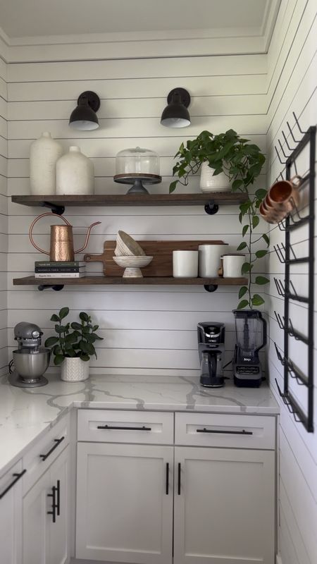 In home coffee bar coffee station kitchen nook home decor accessories and accents open shelving shelf styling vases cake plate charcuterie wood cutting board watering can cookbook canisters wall mug rack copper mule mugs kitchenaid stand mixer ninja blender hearth and hand magnolia target 

#LTKhome #LTKFind #LTKstyletip