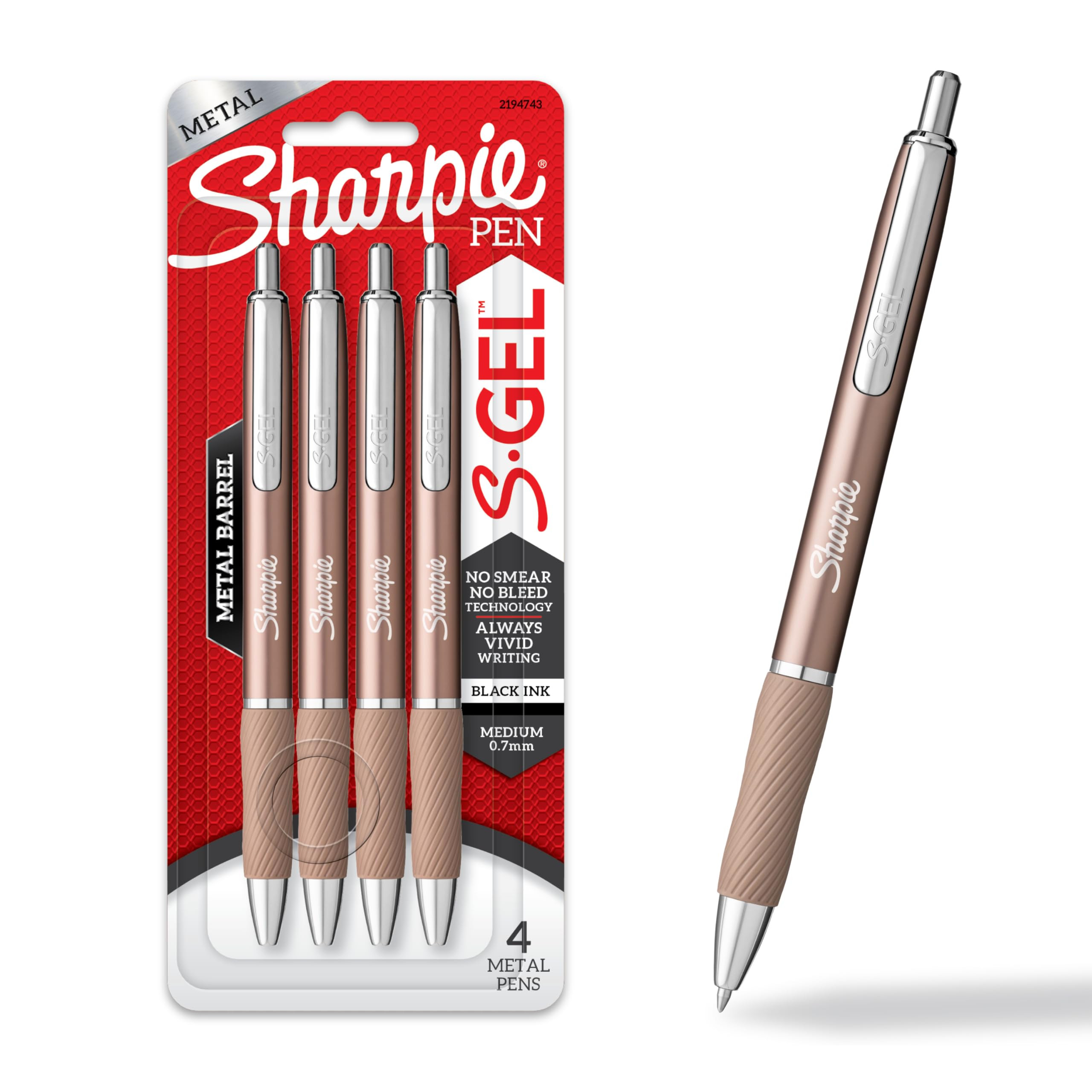 Sharpie S-Gel Gel Pens Sleek Metal Barrel Champagne Medium Point (0.7mm) Black Ink 4 Count | Amazon (US)