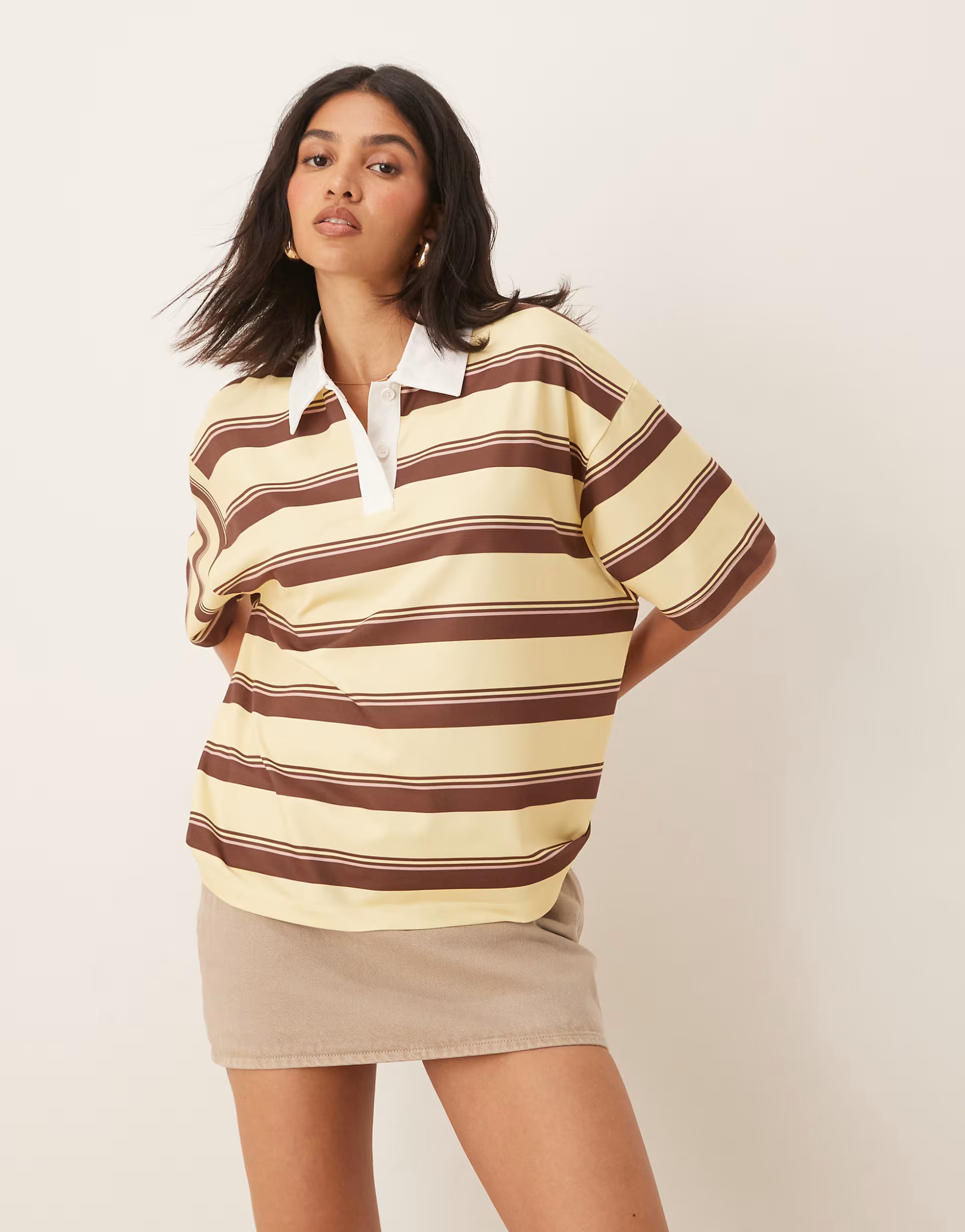 ASOS DESIGN short sleeve rugby collar tee in yellow stripe | ASOS | ASOS (Global)