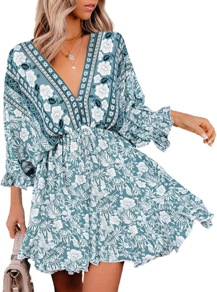 Linsery Women's Summer Boho Floral V Neck Batwing Sleeve Tie Back Flowy Mini Dresses | Amazon (US)