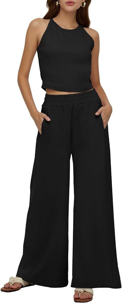 DEEP SELF Women's Summer 2 Piece Outfits Sleeveless Ribbed Knit Crop Tank Tops Matching Wide Leg ... | Amazon (US)