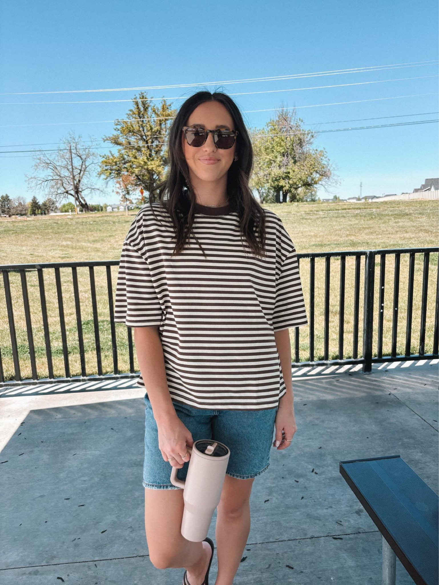 summer mom uniform? (Amazon tee & 17 yr old brothers shorts & dirty Diet Coke in hand)