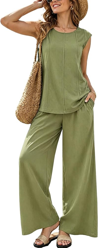 Women's 2 Piece Matching Sets Summer Sleeveless Top High Waisted Wide Leg Pants Lounge Travel Out... | Amazon (US)