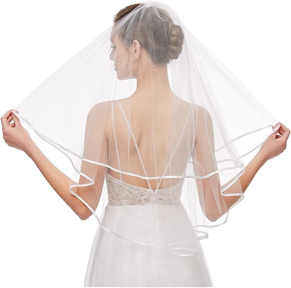 Amazon.com: Bridal Veil Women's Simple Tulle Short Wedding Veil Ribbon Edge with Comb for Wedding... | Amazon (US)