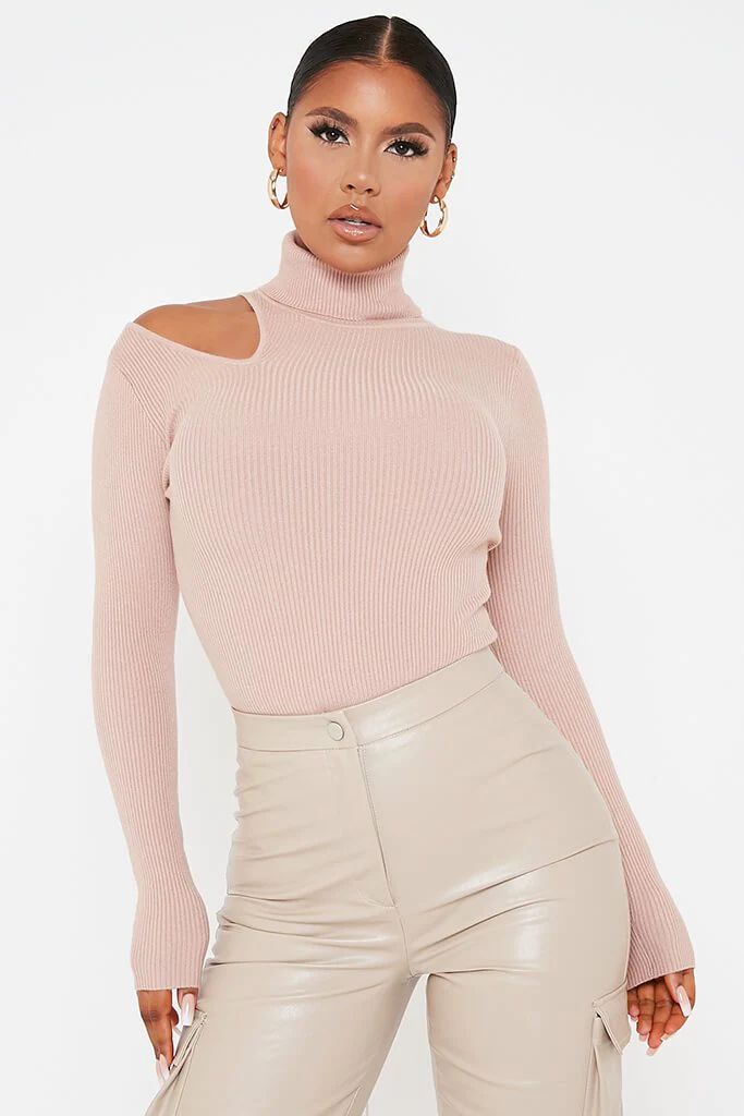 Camel Cutout Shoulder Turtle Neck Knitted Jumper | ISAWITFIRST