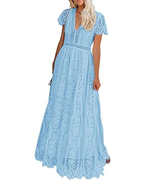 PRETTYGARDEN Women's Floral Lace Maxi Dress 2023 Short Sleeve V Neck Bridesmaid Wedding Evening P... | Amazon (US)