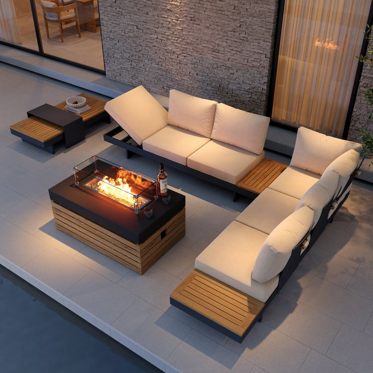 5-Pieces Modular Teak Outdoor Sofa Set with Smokeless Fire Pit for 6 Person in Beige | Homary