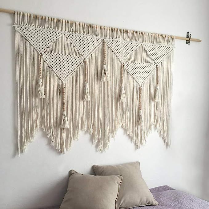 43.5"W × 43.3"L Macrame Wall Hanging Boho Chic Woven Tapestry-Cream Beige Bohemian Tassel Art Co... | Amazon (US)