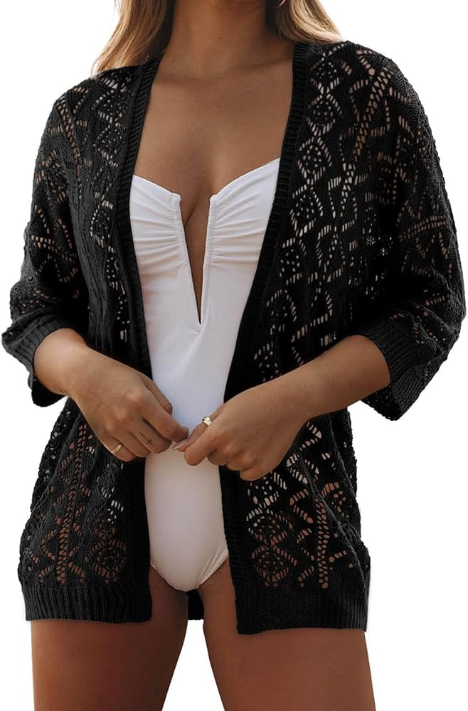 SHEWIN Summer Cardigan Sweaters for Women Lightweight 3/4 Sleeve Open Front Cropped Crochet Beach... | Amazon (US)