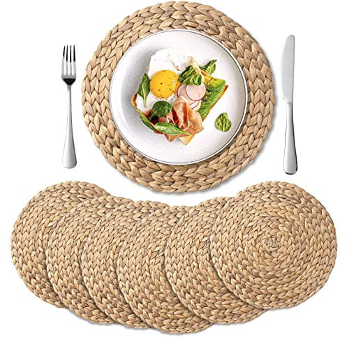 6 Pack, Round Woven Placemats, Natural Water Hyacinth Wicker Place mats, Braided Straw Table Mats, Charger Plates for Dining Table, Fall, Thanksgiving, Christmas (13.8 inch) | Amazon (US)