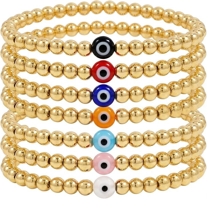 Trendy Colorful Evil Eye Gold Beaded Bracelet Stack Set for Women, 7 Pcs Boho Handmade Golden Bal... | Amazon (US)