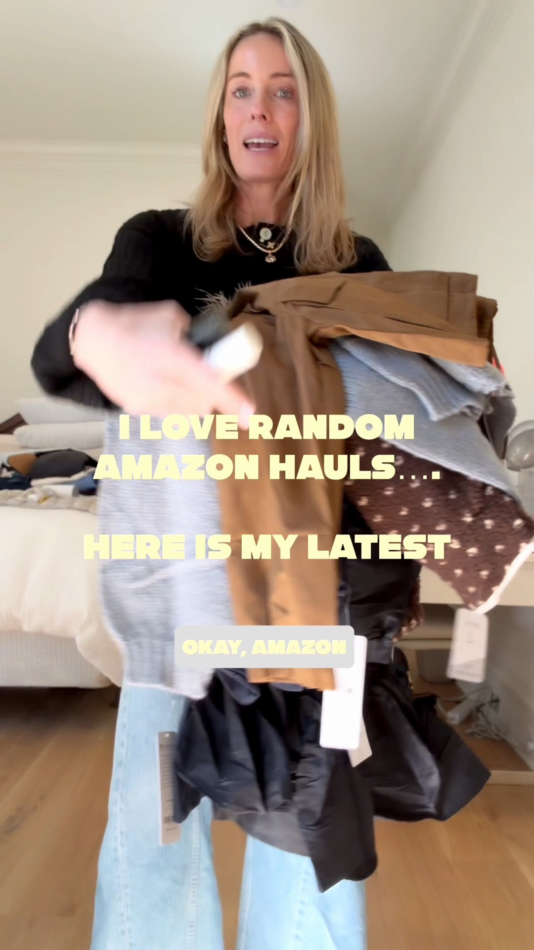 Amazon!! Random is always best!! 
Size M sweaters 
Small jacket
Small navy set 
Large fleece jacket