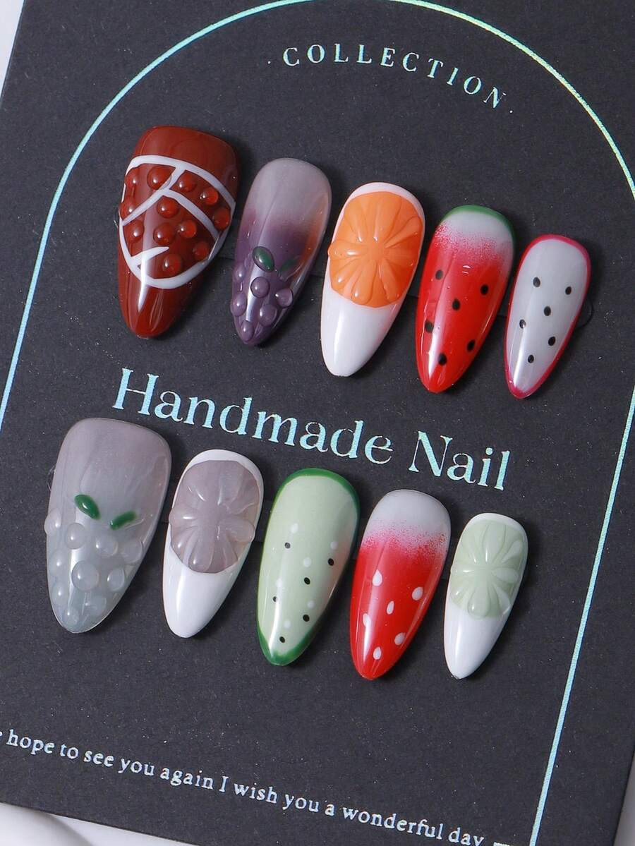 10pcs/Set Press On Fingernail, Fruit Party, 3D Decal, Hand Painted Grapes And Strawberries, Y2K S... | SHEIN