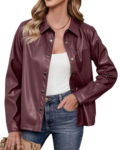 luvamia Faux Leather Jackets for Women Long Sleeves Vegan Leather Shackets Jacket Side Pockets Trendy Moto Biker Coat Light Weight Jackets for Women Casual Brown Blazer for Women Size 16 Size 18 | Amazon (US)