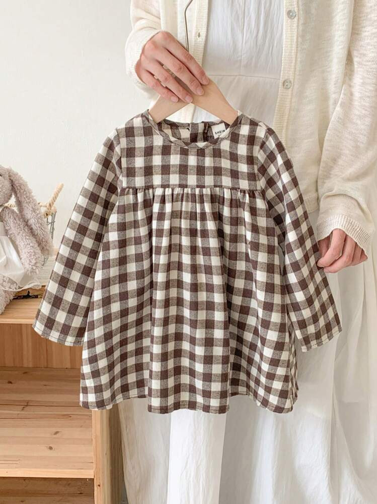 SHEIN LMoss Kids LMoss Baby Girl Baby Girl Plaid Loose Casual Long Sleeve Dress, Autumn/Winter Baby Girl Plaid Dress | SHEIN