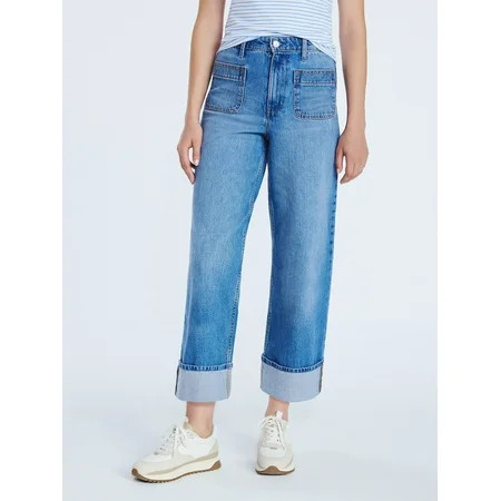 Free Assembly Women’s High Rise Cuffed Jean Pants with Patch Pockets, 30" Inseam, Sizes 0-28W | Walmart (US)