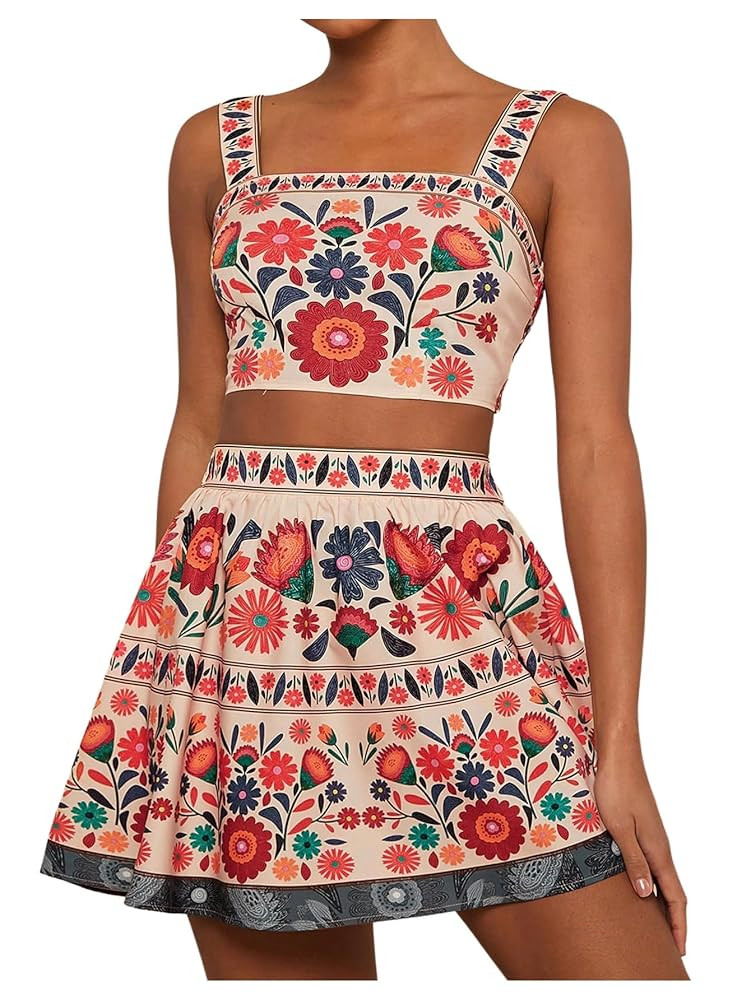 MakeMeChic Women's 2 Piece Vacation Outfits Floral Shirred Tank Top and A Line Mini Skirt Sets | Amazon (US)