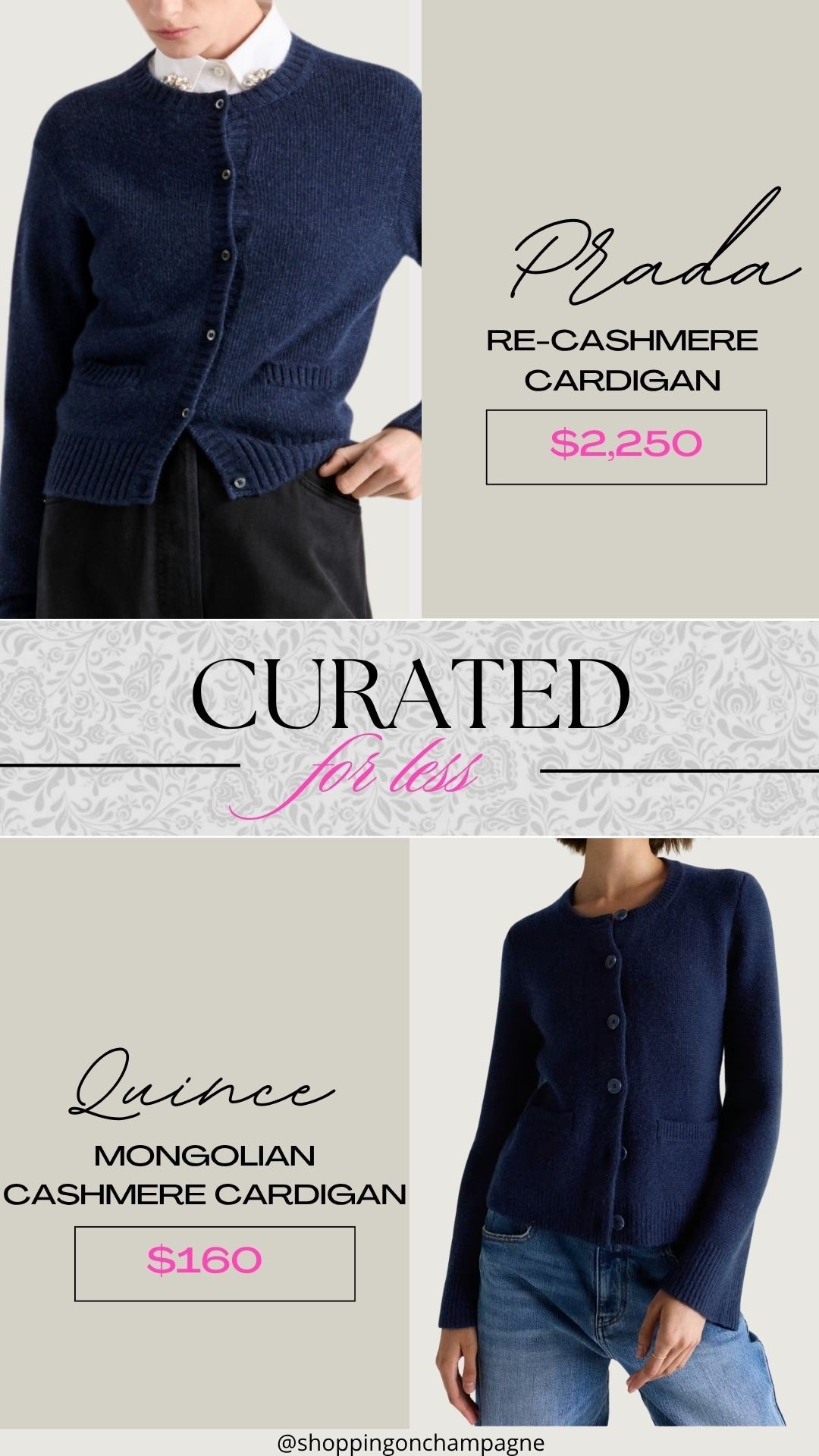 Prada look for less alert. This $160 Quince Mongolian cashmere cardigan gives the same luxe navy look as the $2,250 Prada Re-Cashmere version. Soft, timeless, and perfect for fall layering 

prada cashmere cardigan , quince cardigan, fall outfit ideas, navy cardigan outfit, cashmere sweater under 200, curated for less, prada look for less, luxe for less, fall capsule wardrobe, classic fall style

#LTKOver40 #LTKStyleTip #LTKWorkwear