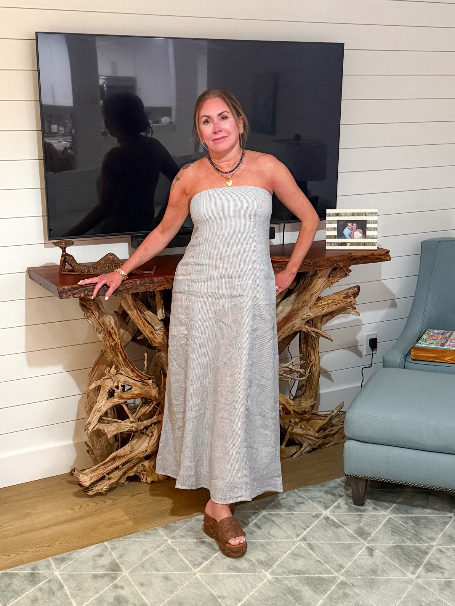 Easy summer neutral look 🤍 Wearing my favorite breezy linen maxi from Quince paired with comfy woven platform slides from Target and layered beaded necklaces from Amazon. Perfect for beach dinners, vacation nights, or casual summer outings ✨ 

Amie Pagan, linen dress, woven slides, statement necklace, travel look, summer style

#LTKootd #LTKTravel