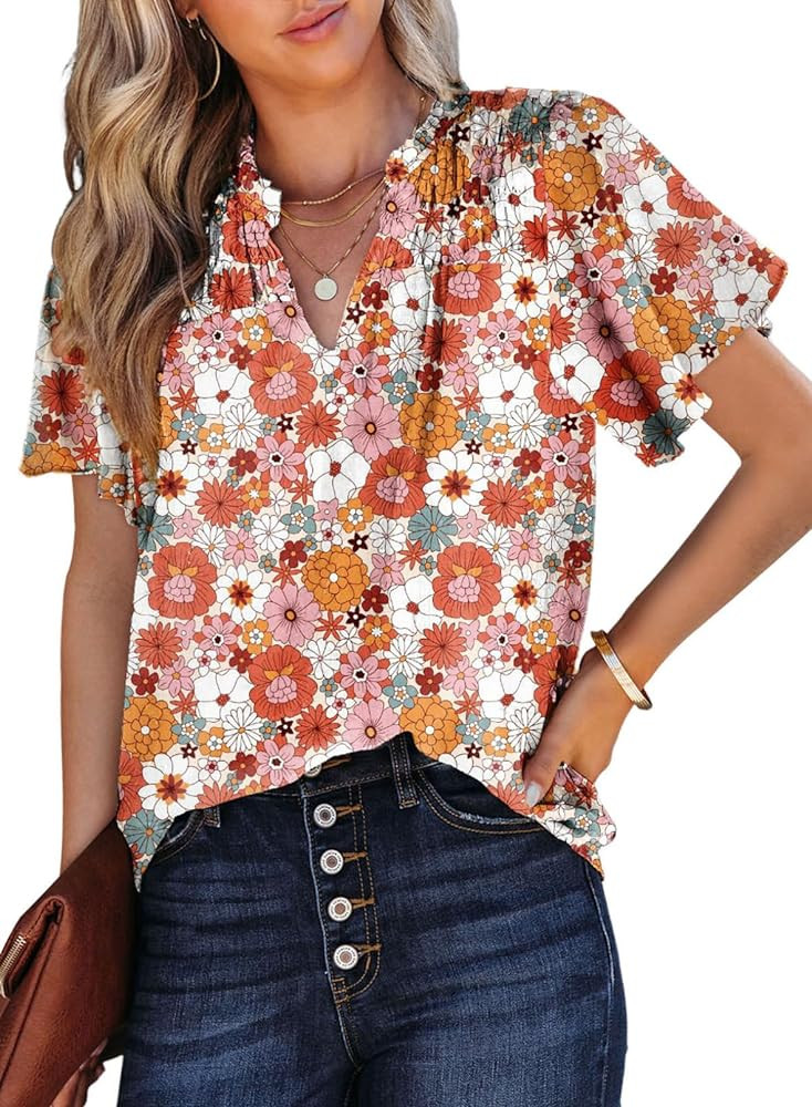 SHEWIN Women's Casual V Neck Floral Print Smocked Short Sleeve Chiffon Blouses Bohemian Top Shirt... | Amazon (US)