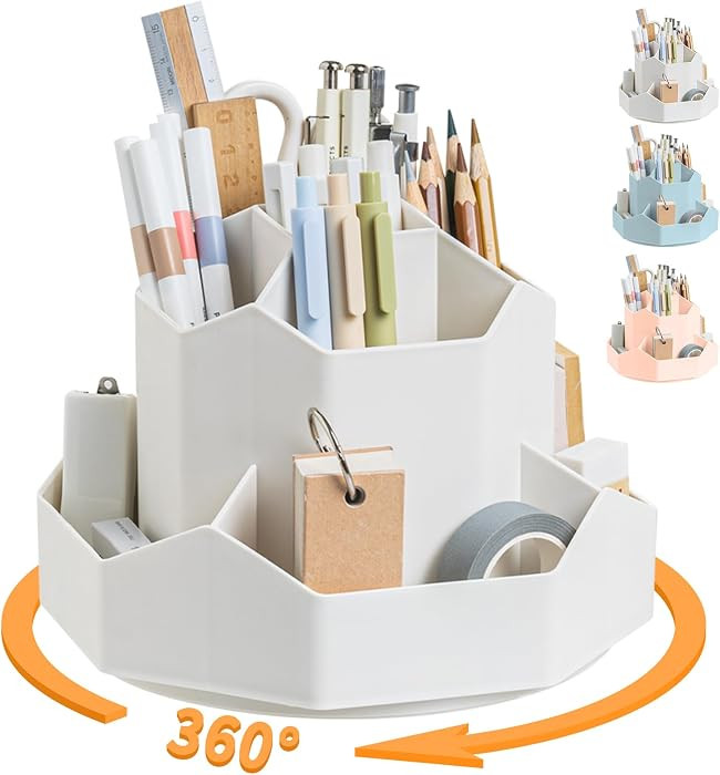 Cayxenful Pencil Pen Holder for Desk,9 Slots 360 Degree Rotating Desk Organizers,Desktop Storage Stationery Supplies Organizer, Cute Pencil Cup Pot For Office, School, Home(White) | Amazon (US)