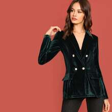 Button & Pocket Front Notch Neck Velvet Blazer | SHEIN