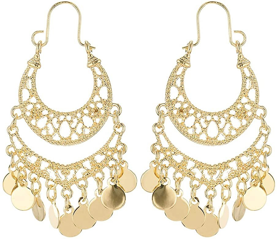 Bohemian Boho Chandelier Dangle Drop Earrings for Women – Lightweight Filigree Gypsy Coin Disc ... | Amazon (US)
