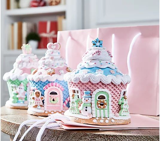 Set of 3 Illuminated Gingerbread Cupcake Houses by Valerie | QVC