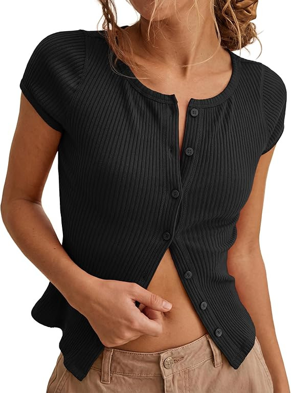 Womens Short Sleeve Shirts Casual Summer Ribbed Knit Tshirts Fitted Button Up Tops | Amazon (US)