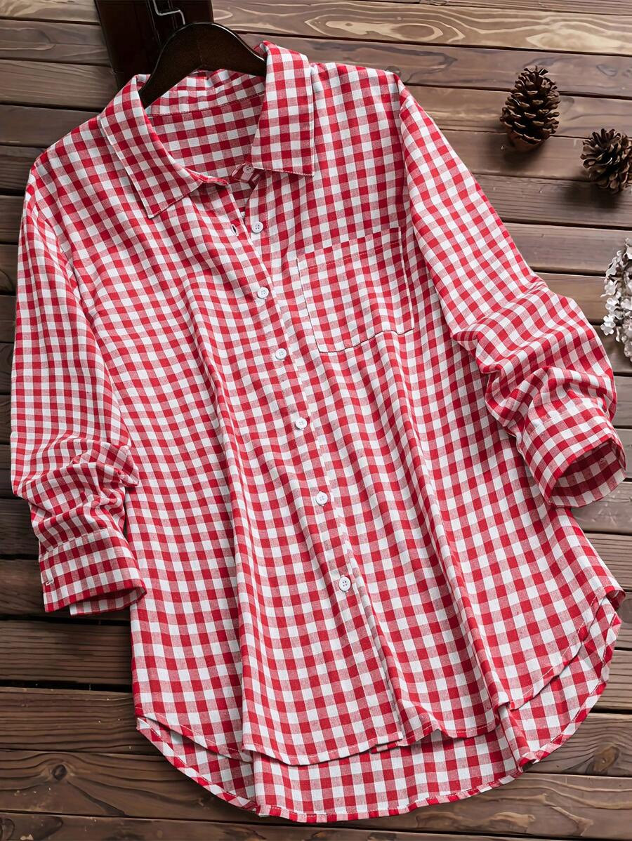 EMERY ROSE Red Plaid Mid-Length 3/4 Sleeve Shirt Fall Cloth For Women | SHEIN