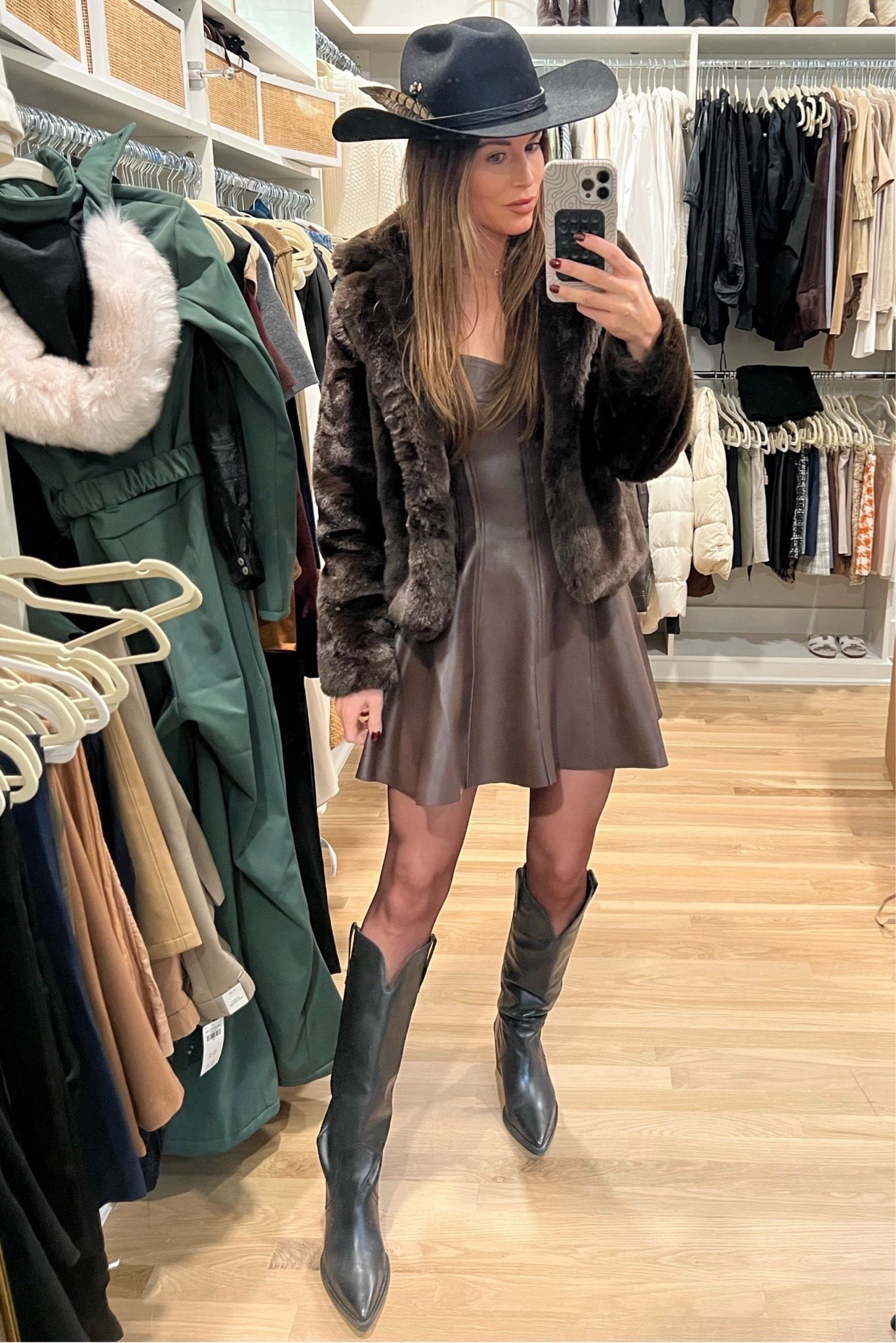 It’s giving mob wife 🤠 love this leather mini dress from revolve !! Perfect for a country concert or holiday party! 

Faux fur coat, faux fur, faux fur jacket, brown faux fur coat, leather dress, sheer tights, brown dress, strapless dress, cowboy hat, country themed outfit

#LTKStyleTip #LTKSeasonal #LTKParties